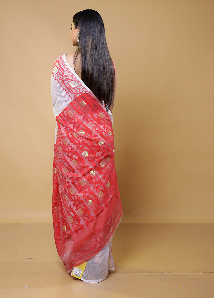 Red Tant Jamdani Saree Without Blouse Piece