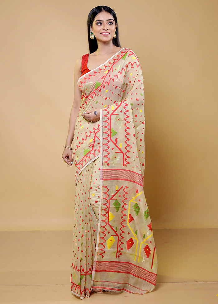 Cream Tant Jamdani Saree Without Blouse Piece