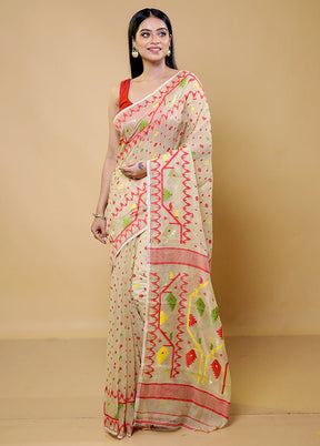 Cream Tant Jamdani Saree Without Blouse Piece