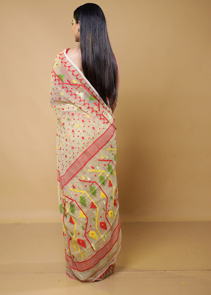 Cream Tant Jamdani Saree Without Blouse Piece