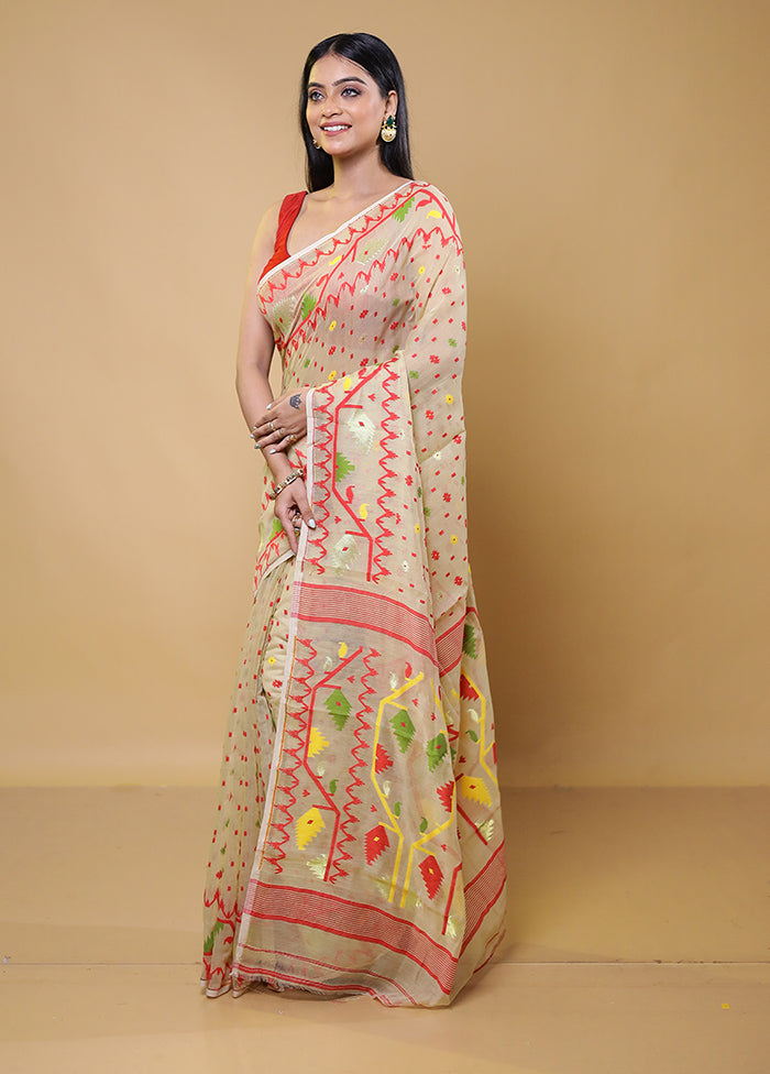 Cream Tant Jamdani Saree Without Blouse Piece