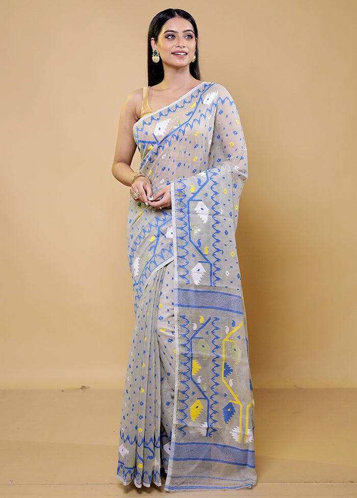 Grey Tant Jamdani Saree Without Blouse Piece