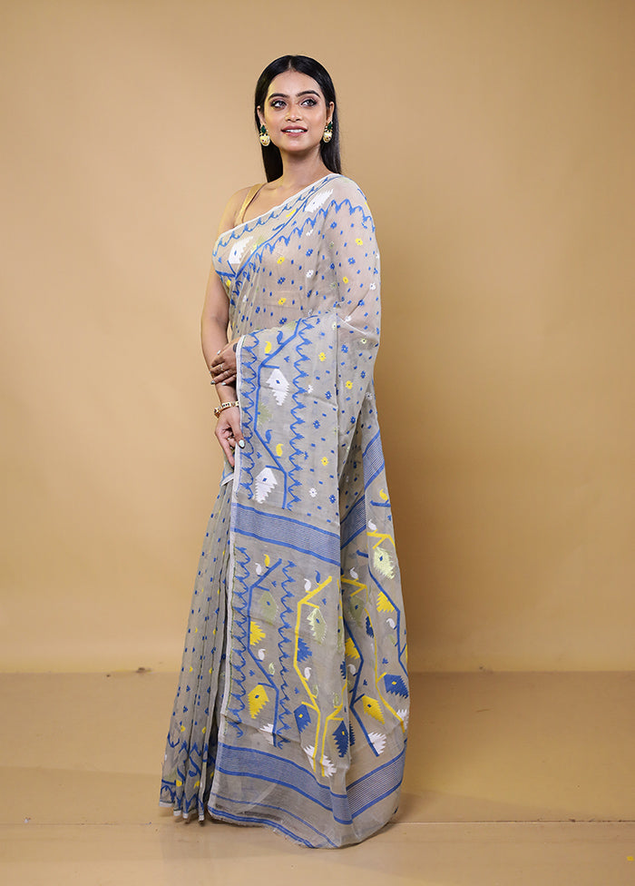 Grey Tant Jamdani Saree Without Blouse Piece