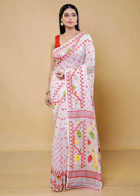 White Tant Jamdani Saree Without Blouse Piece