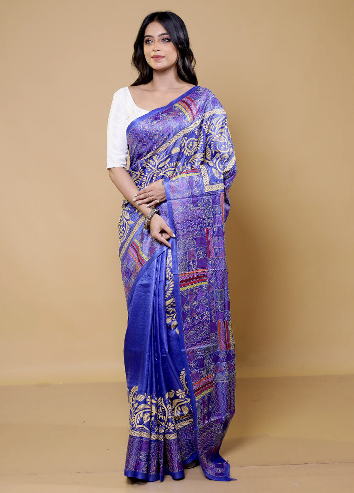 Blue Handloom Kantha Stitch Pure Silk Saree With Blouse Piece