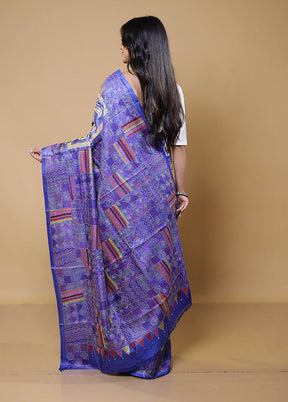 Blue Handloom Kantha Stitch Pure Silk Saree With Blouse Piece