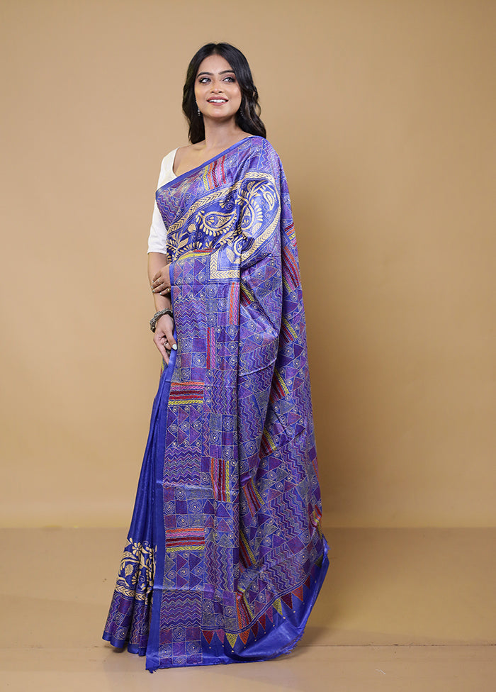 Blue Handloom Kantha Stitch Pure Silk Saree With Blouse Piece