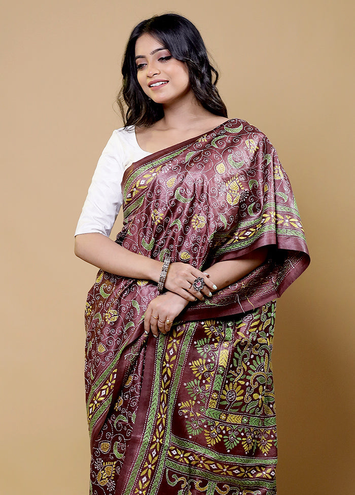 Maroon Handloom Kantha Stitch Pure Silk Saree With Blouse Piece