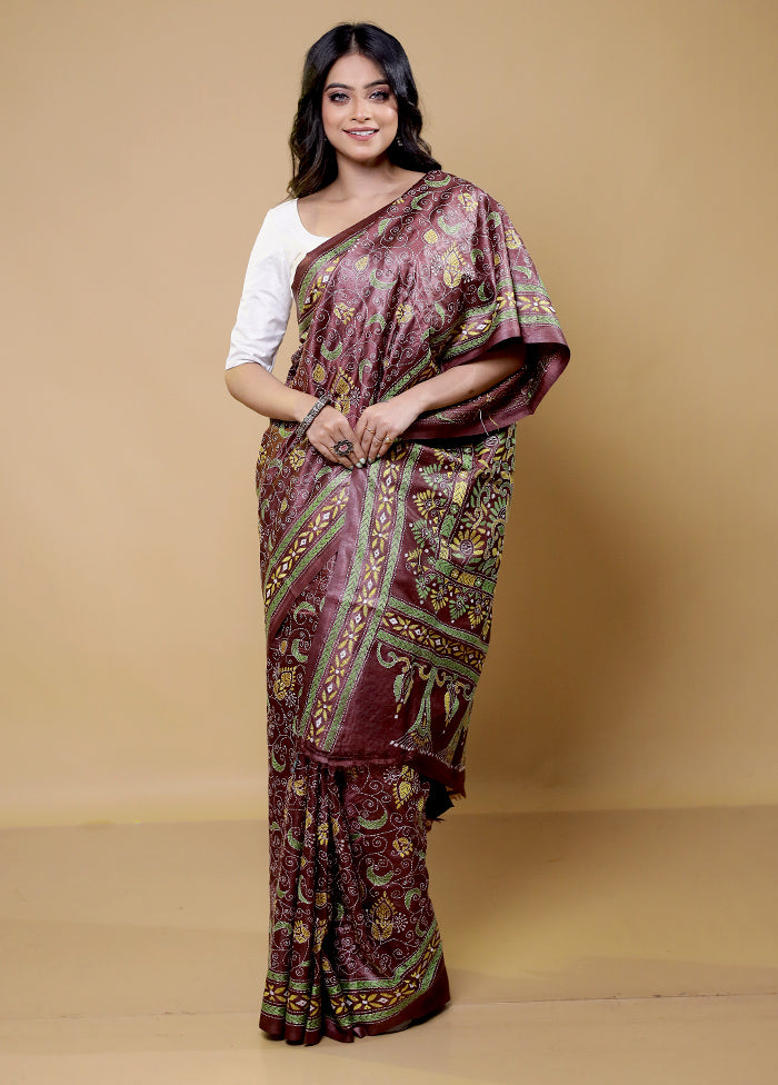 Maroon Handloom Kantha Stitch Pure Silk Saree With Blouse Piece