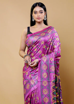 Purple Handloom Kantha Stitch Pure Silk Saree With Blouse Piece