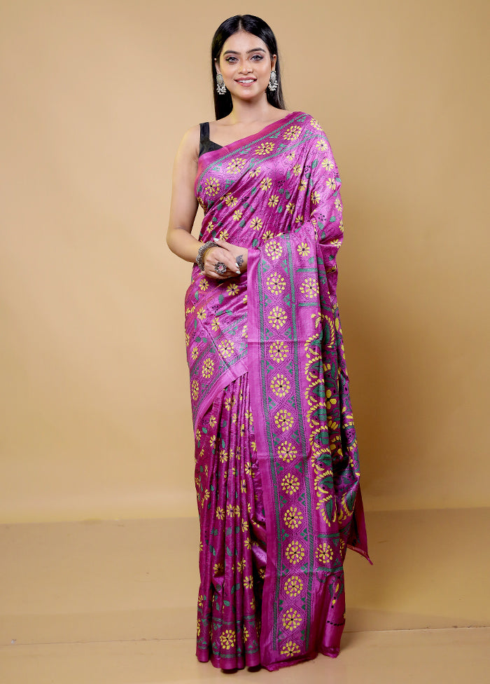 Purple Handloom Kantha Stitch Pure Silk Saree With Blouse Piece