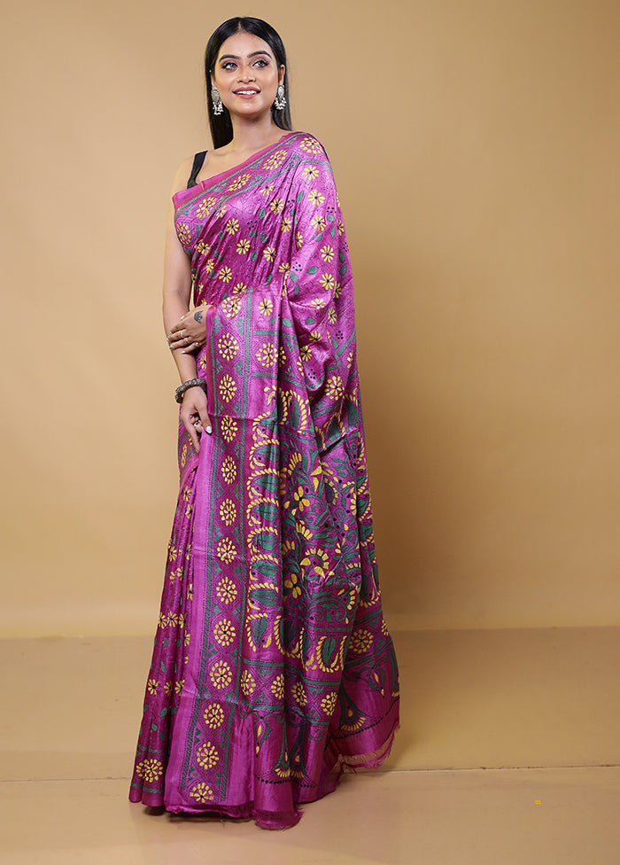 Purple Handloom Kantha Stitch Pure Silk Saree With Blouse Piece