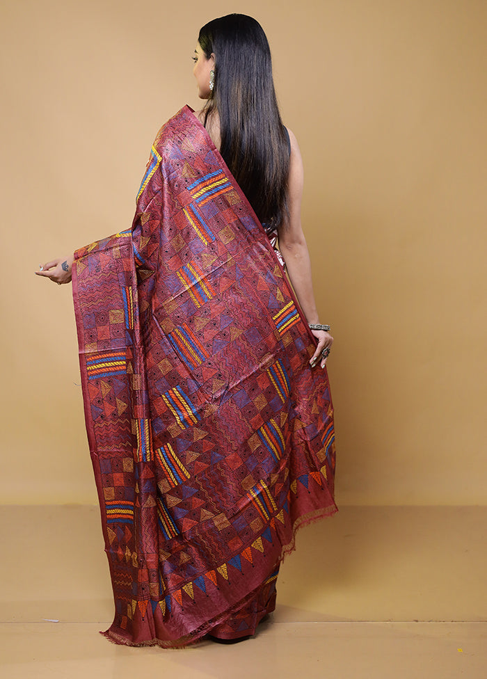 Purple Handloom Kantha Stitch Pure Silk Saree With Blouse Piece