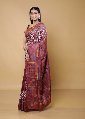 Purple Handloom Kantha Stitch Pure Silk Saree With Blouse Piece