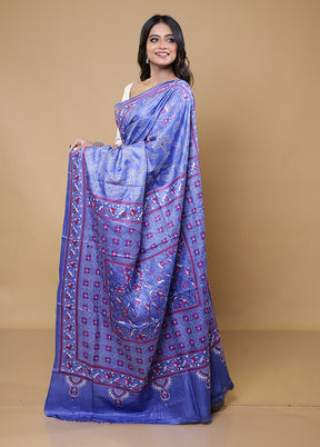 Blue Handloom Kantha Stitch Pure Silk Saree With Blouse Piece