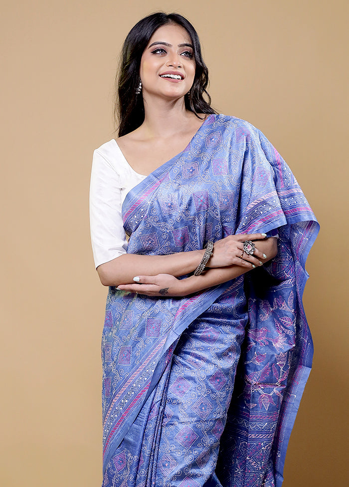 Blue Handloom Kantha Stitch Pure Silk Saree With Blouse Piece