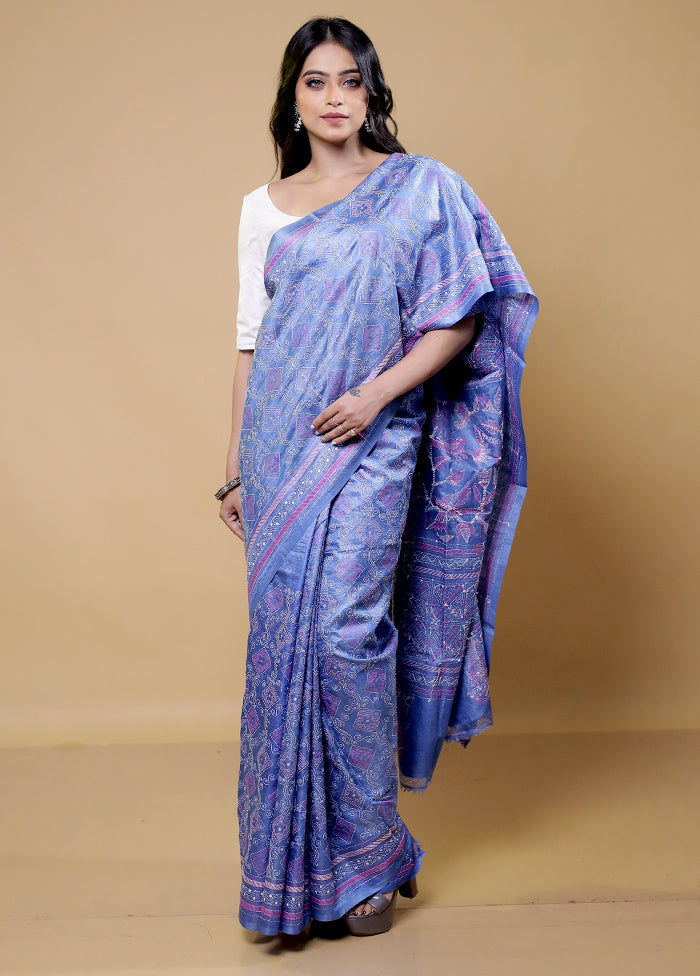 Blue Handloom Kantha Stitch Pure Silk Saree With Blouse Piece