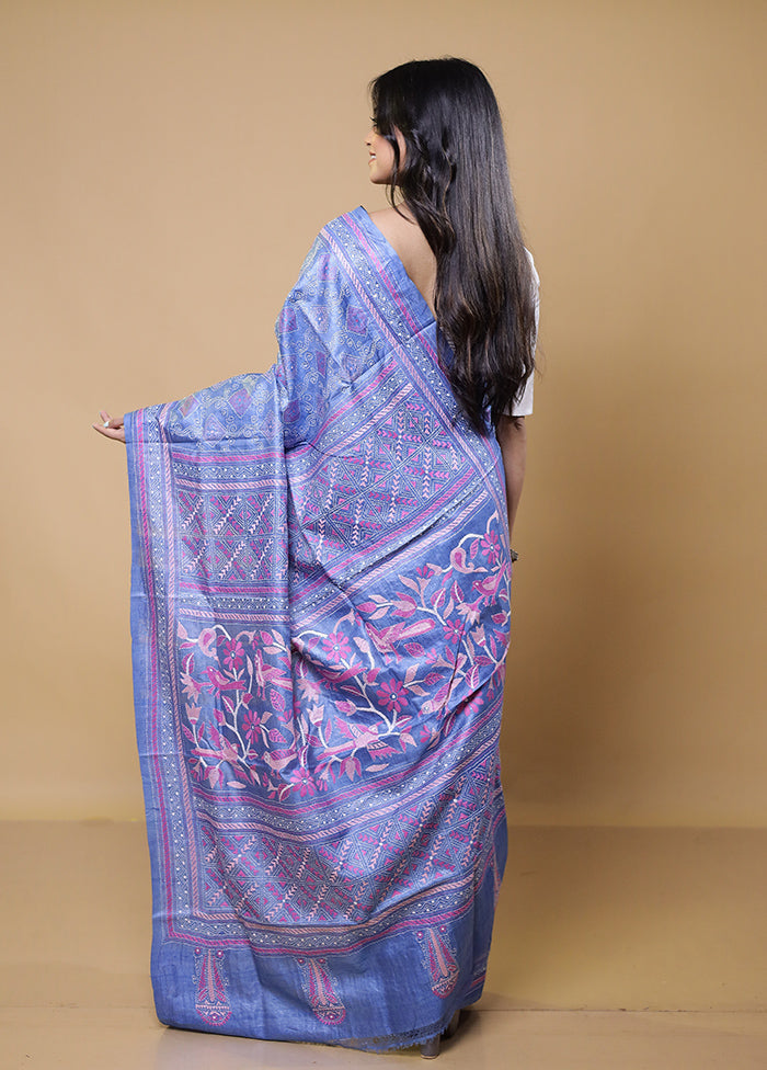 Blue Handloom Kantha Stitch Pure Silk Saree With Blouse Piece