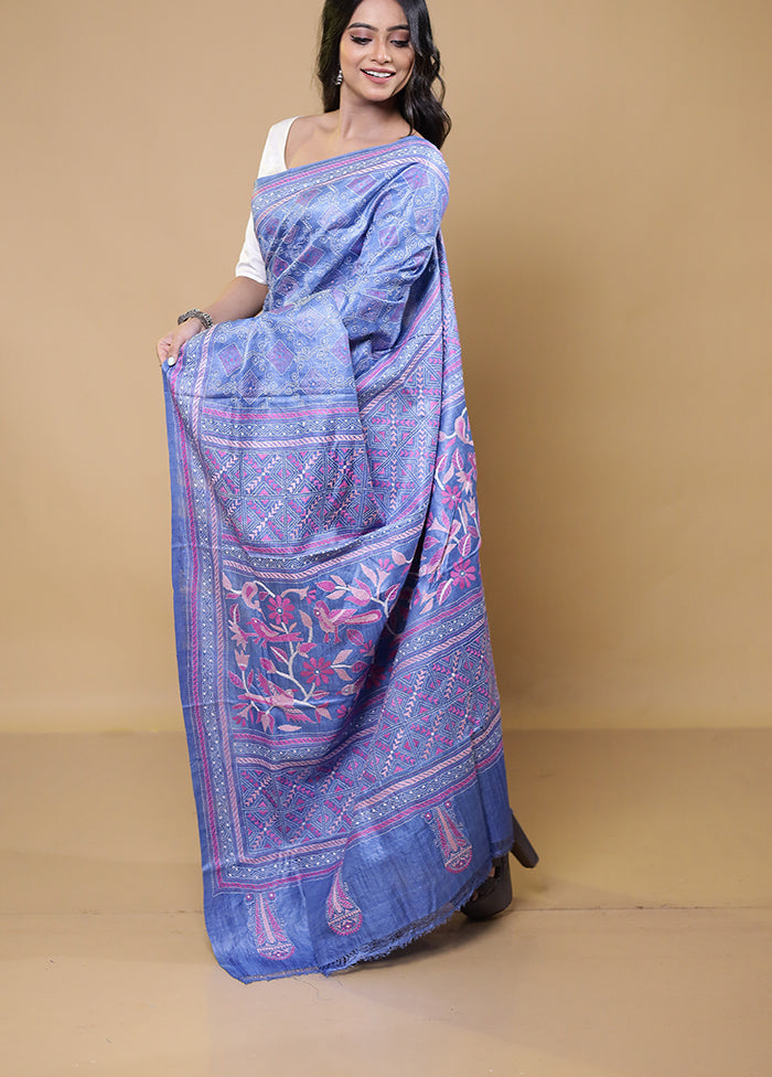 Blue Handloom Kantha Stitch Pure Silk Saree With Blouse Piece