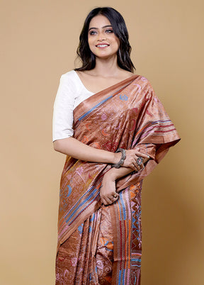 Brown Handloom Kantha Stitch Pure Silk Saree With Blouse Piece