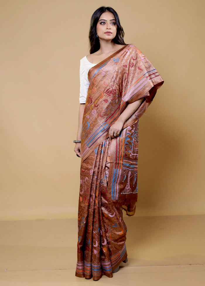 Brown Handloom Kantha Stitch Pure Silk Saree With Blouse Piece