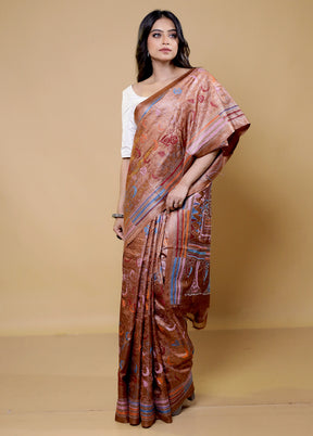 Brown Handloom Kantha Stitch Pure Silk Saree With Blouse Piece