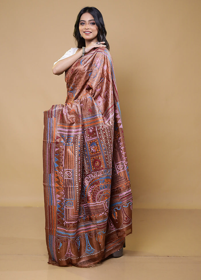 Brown Handloom Kantha Stitch Pure Silk Saree With Blouse Piece