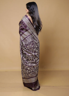 Purple Handloom Kantha Stitch Pure Silk Saree With Blouse Piece