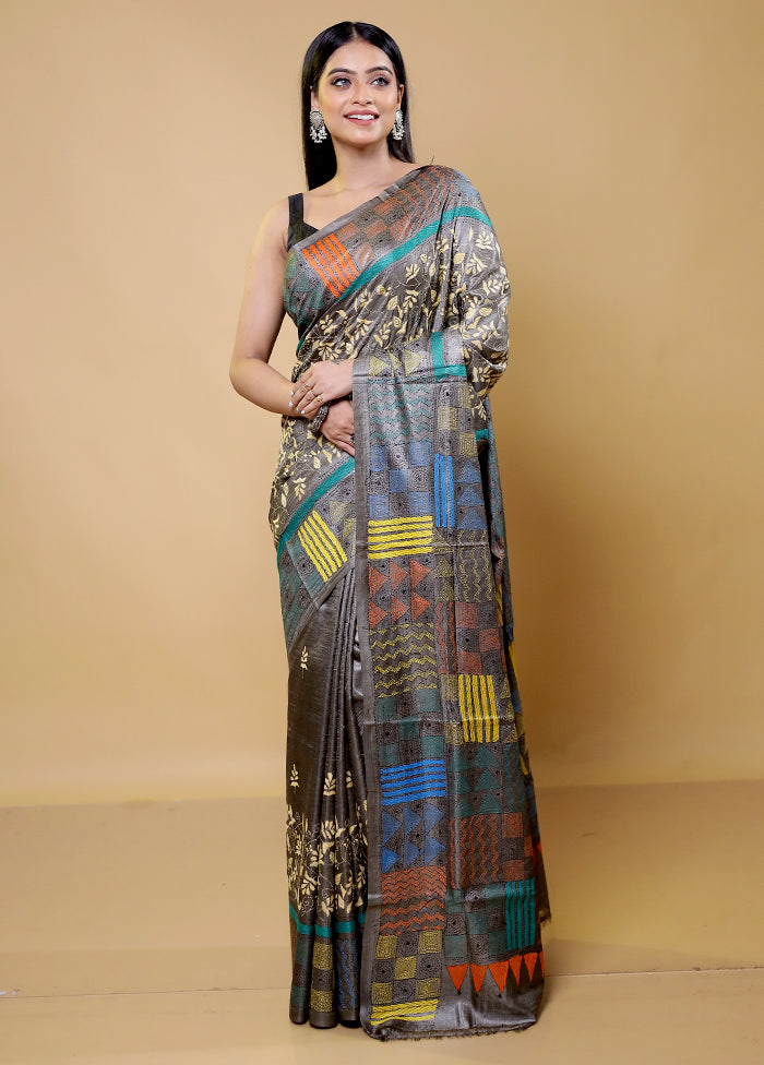 Grey Handloom Kantha Stitch Pure Silk Saree With Blouse Piece