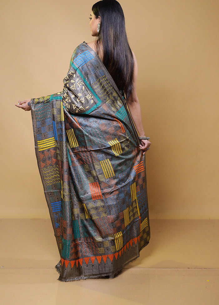 Grey Handloom Kantha Stitch Pure Silk Saree With Blouse Piece