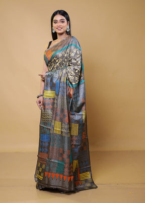 Grey Handloom Kantha Stitch Pure Silk Saree With Blouse Piece