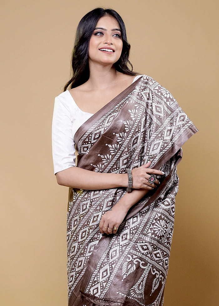 Brown Handloom Kantha Stitch Pure Silk Saree With Blouse Piece