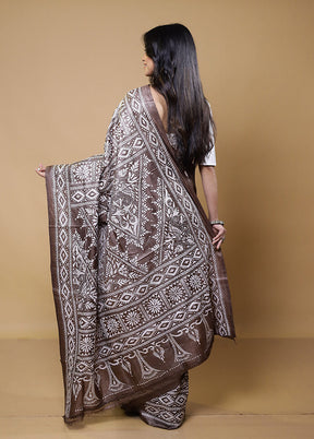 Brown Handloom Kantha Stitch Pure Silk Saree With Blouse Piece