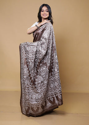 Brown Handloom Kantha Stitch Pure Silk Saree With Blouse Piece