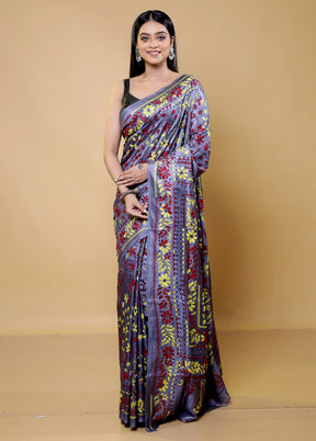 Grey Handloom Kantha Stitch Pure Silk Saree With Blouse Piece