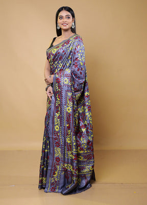 Grey Handloom Kantha Stitch Pure Silk Saree With Blouse Piece