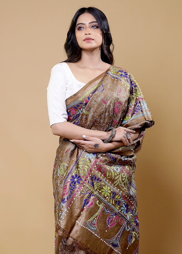 Brown Handloom Kantha Stitch Pure Silk Saree With Blouse Piece