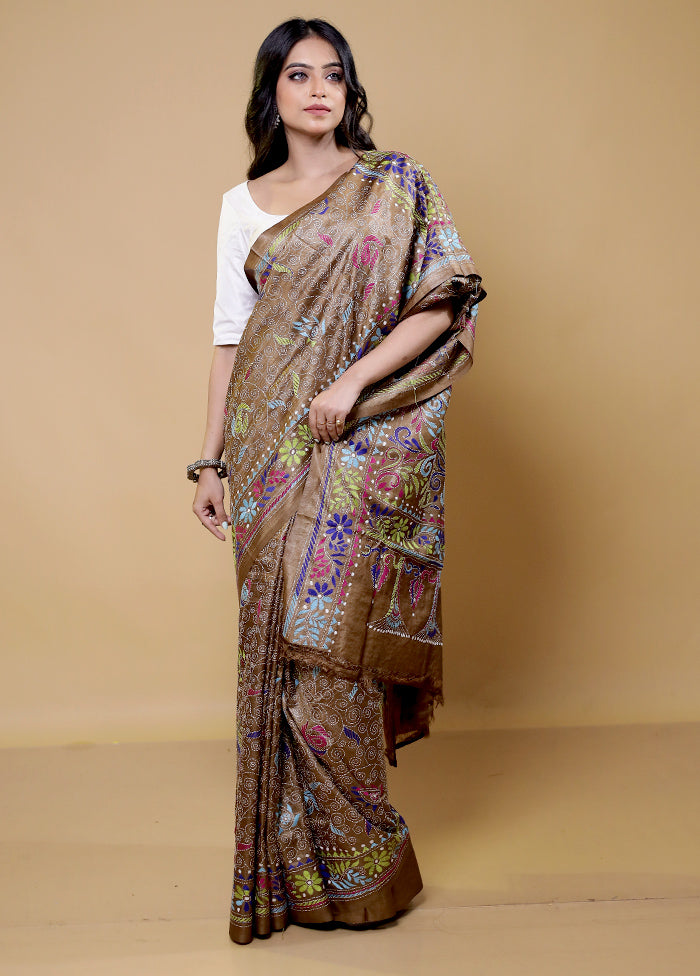 Brown Handloom Kantha Stitch Pure Silk Saree With Blouse Piece