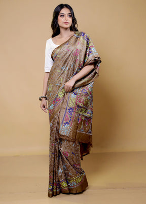 Brown Handloom Kantha Stitch Pure Silk Saree With Blouse Piece