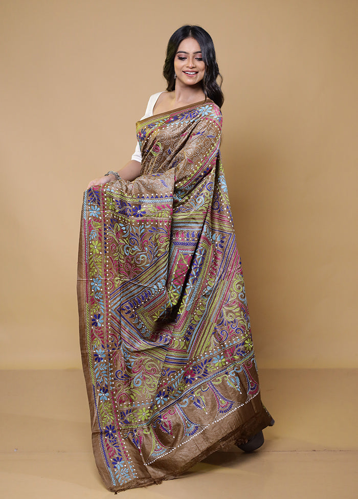 Brown Handloom Kantha Stitch Pure Silk Saree With Blouse Piece