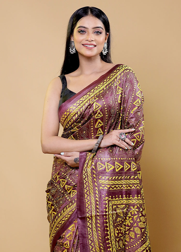 Purple Handloom Kantha Stitch Pure Silk Saree With Blouse Piece