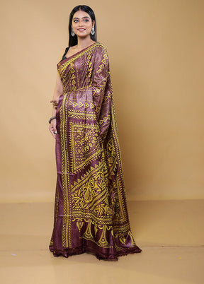 Purple Handloom Kantha Stitch Pure Silk Saree With Blouse Piece