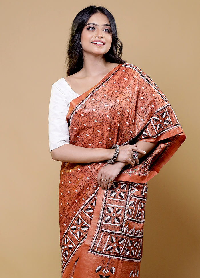 Rust Handloom Kantha Stitch Pure Silk Saree With Blouse Piece