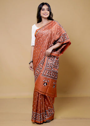 Rust Handloom Kantha Stitch Pure Silk Saree With Blouse Piece