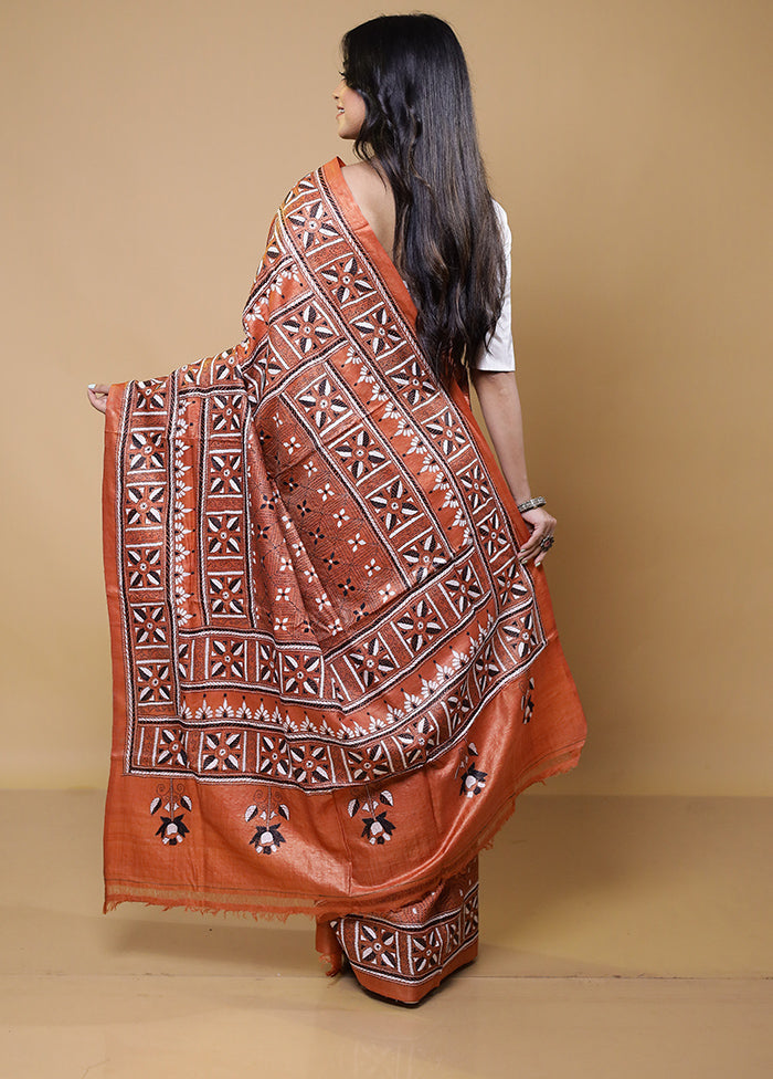 Rust Handloom Kantha Stitch Pure Silk Saree With Blouse Piece