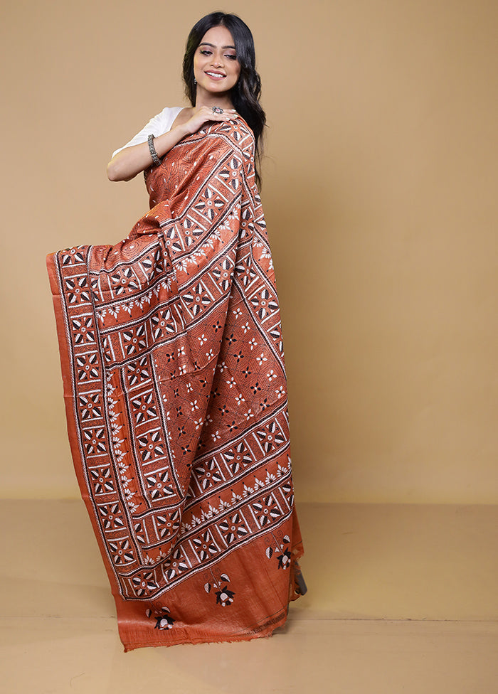 Rust Handloom Kantha Stitch Pure Silk Saree With Blouse Piece