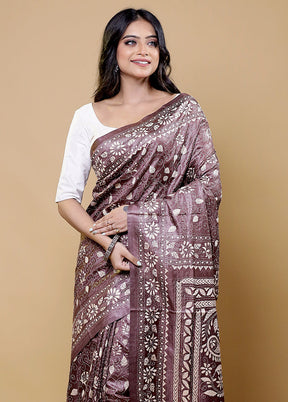 Brown Handloom Kantha Stitch Pure Silk Saree With Blouse Piece