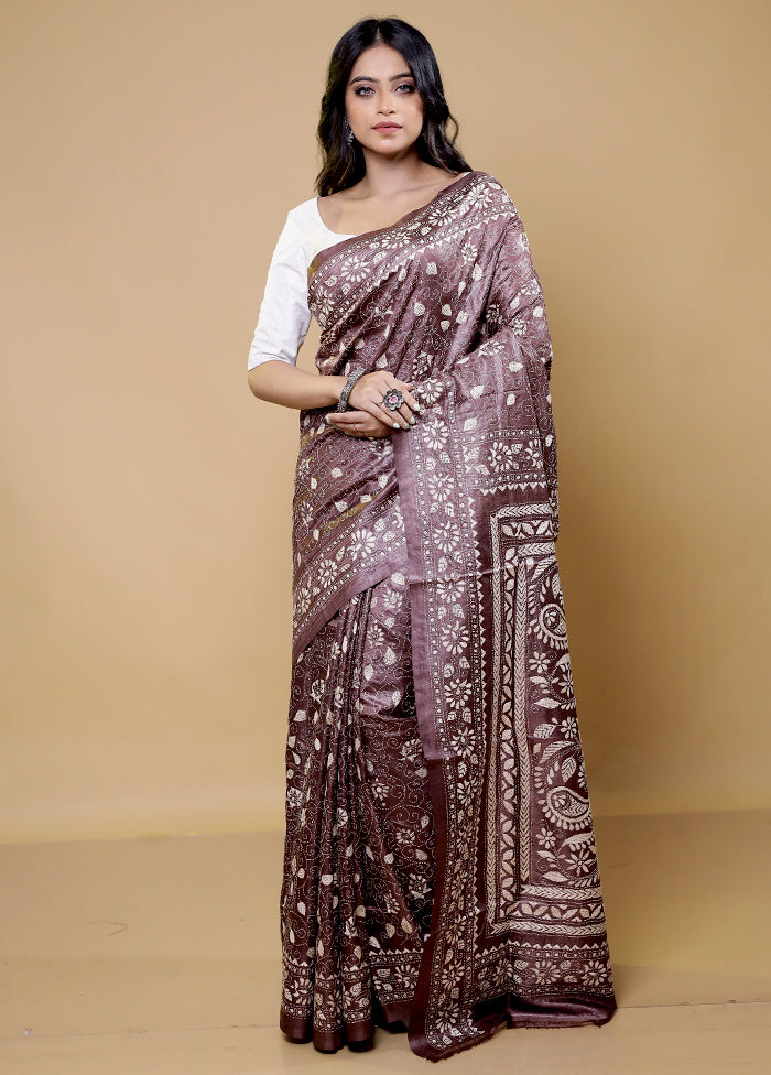 Brown Handloom Kantha Stitch Pure Silk Saree With Blouse Piece