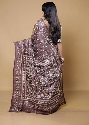 Brown Handloom Kantha Stitch Pure Silk Saree With Blouse Piece