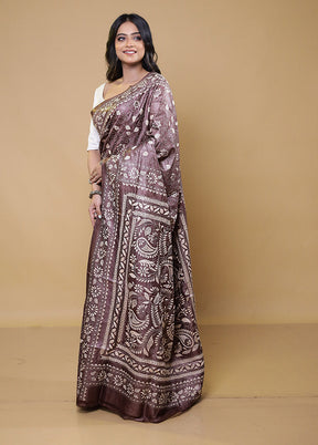 Brown Handloom Kantha Stitch Pure Silk Saree With Blouse Piece